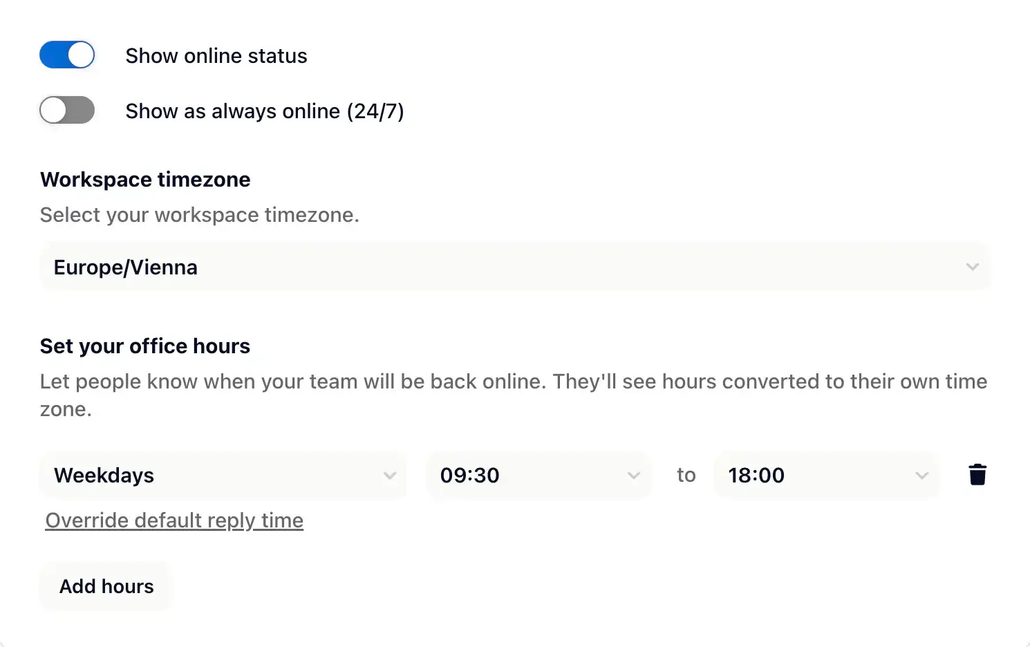 Gleap operating-hours configuration with Kai handling off-hours conversations.