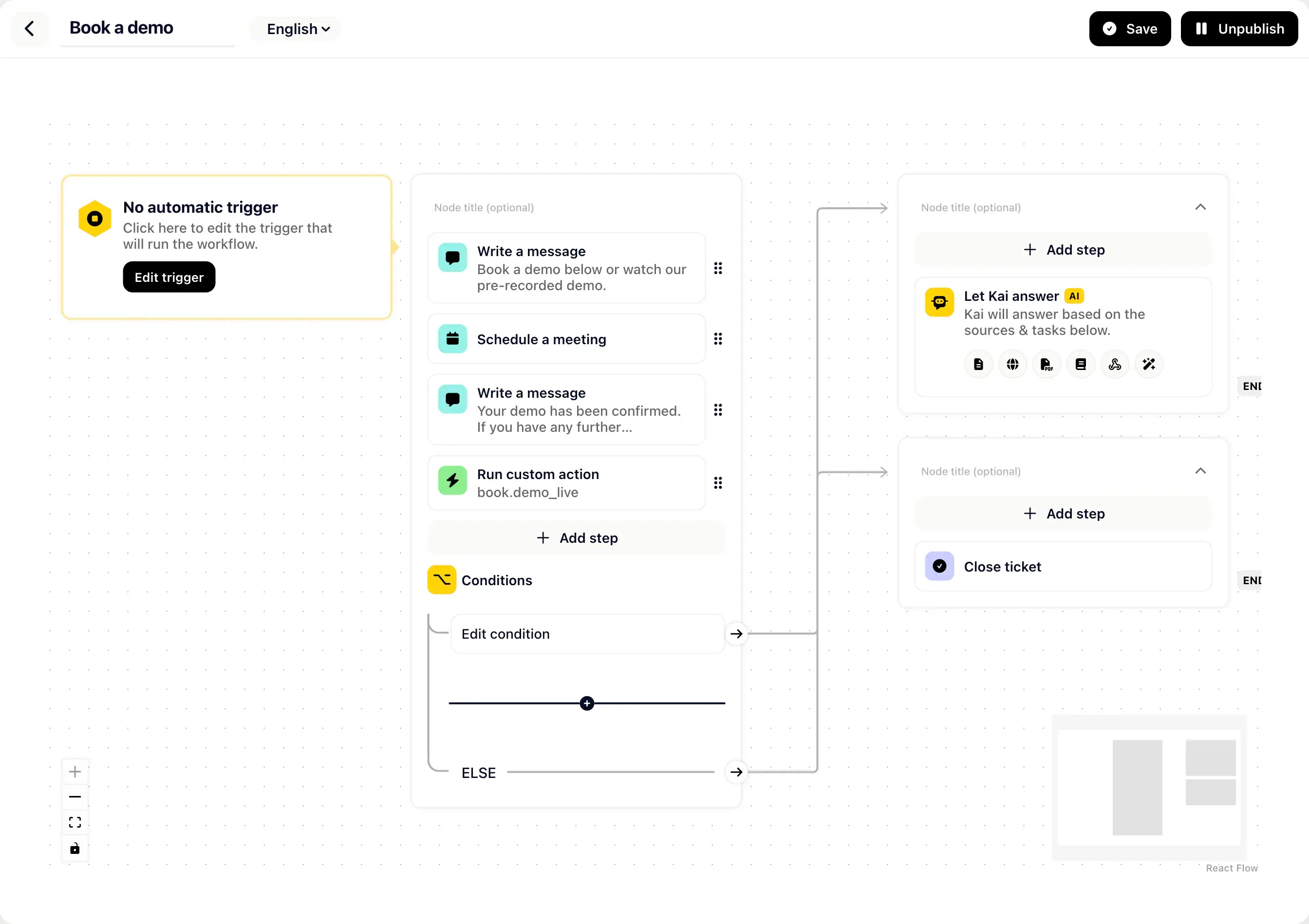 A no-code visual workflow builder with drag-and-drop blocks.