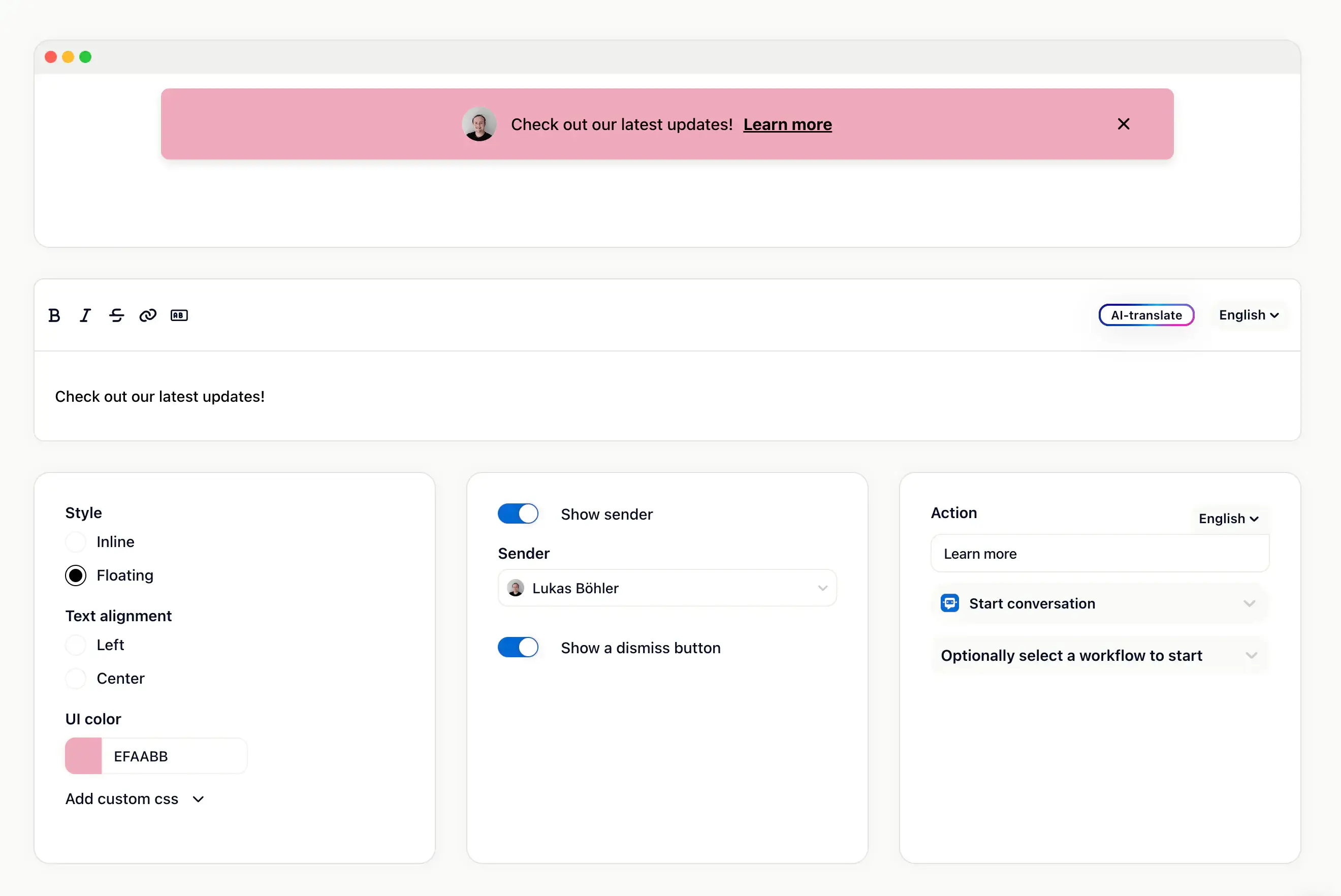 Targeting and event trigger configuration for in-app banners in Gleap.