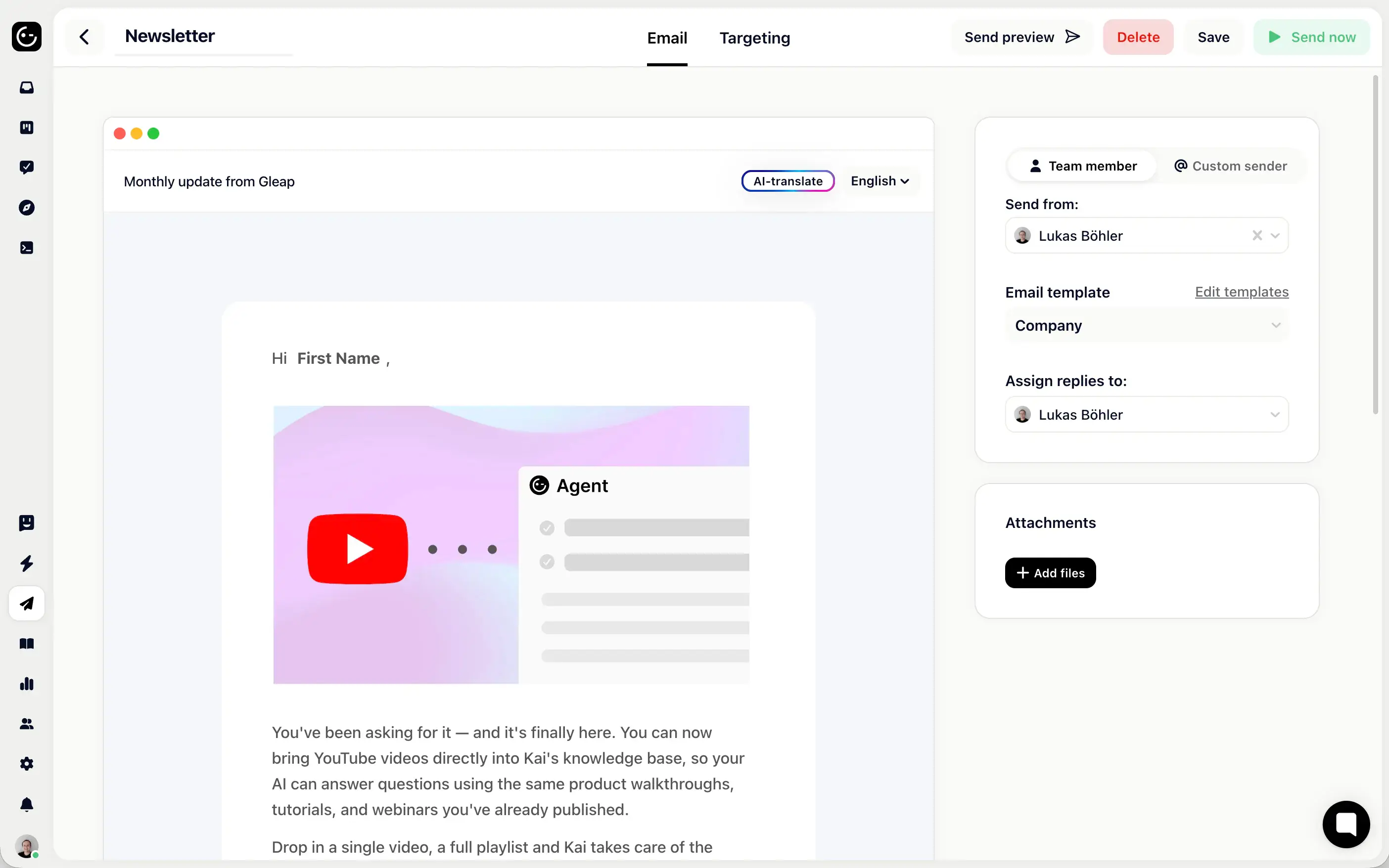 Email templates for newsletters, updates, and announcements in Gleap.