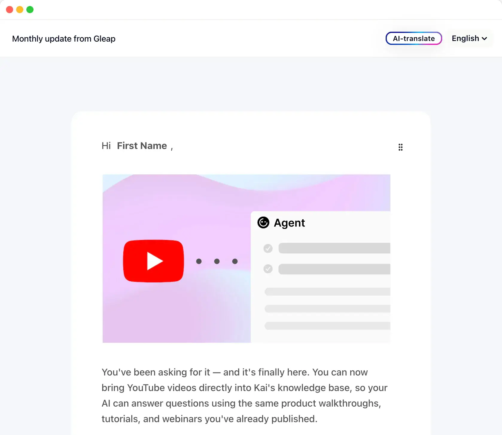 Gleap email templates for newsletters and product updates.