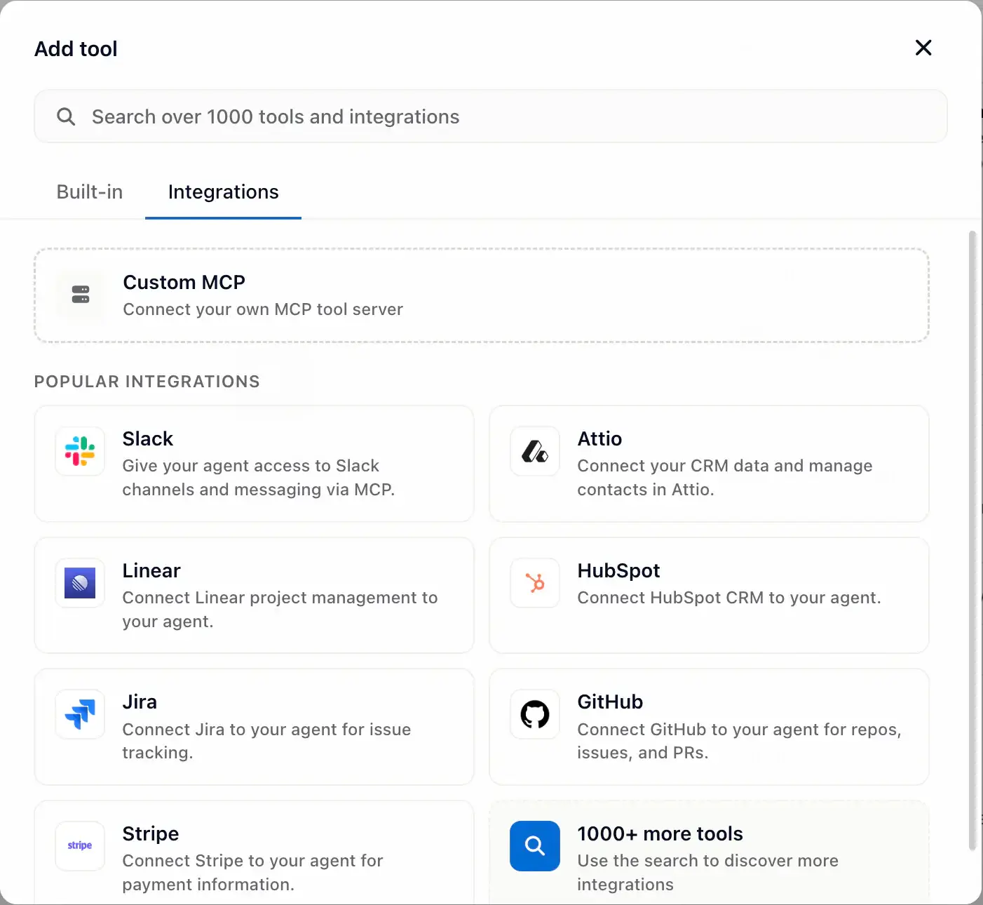 Grid of integration tiles for Slack, Jira, GitHub, Stripe, HubSpot, Salesforce, and more.