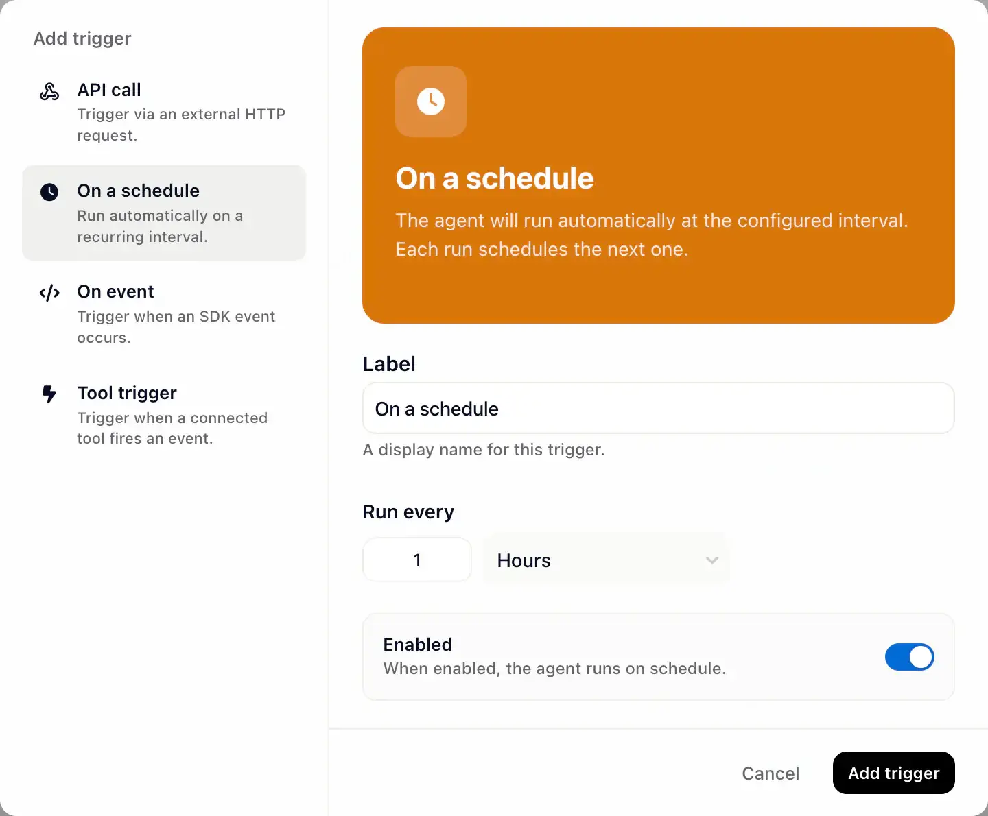 Visual builder for a Kai Custom Agent - trigger, action, output.