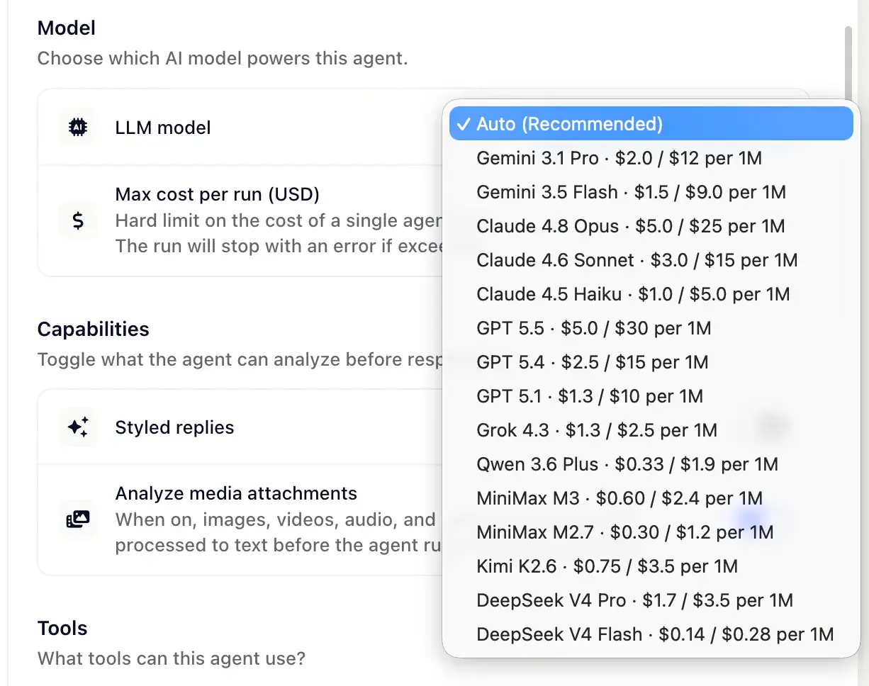 Per-agent model picker showing GPT, Claude, Gemini, Grok options.