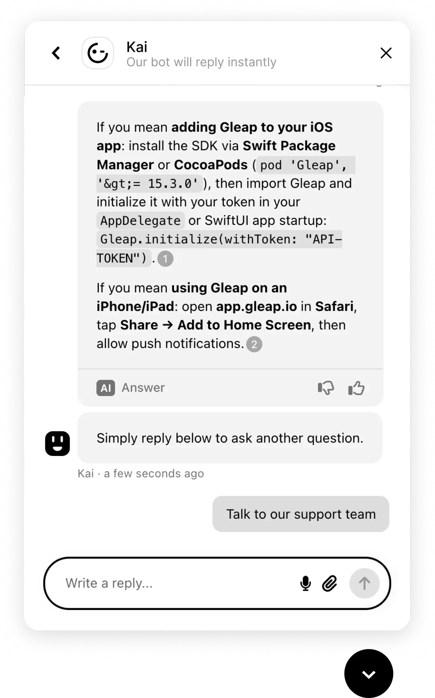 Kai semantic-matching a user question to the right help-center article with citations.