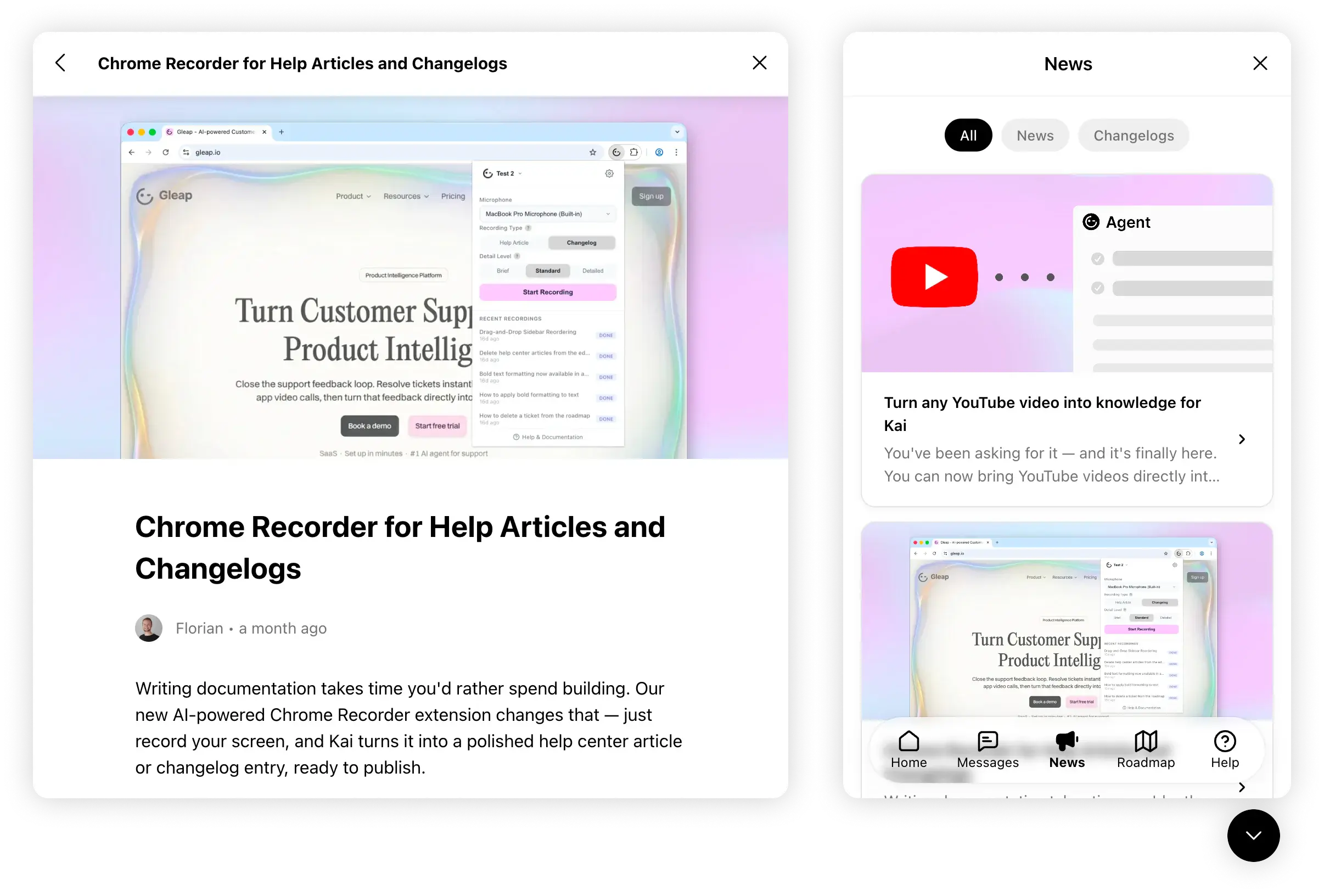 Product news updates shown inside the Gleap in-app news surface.