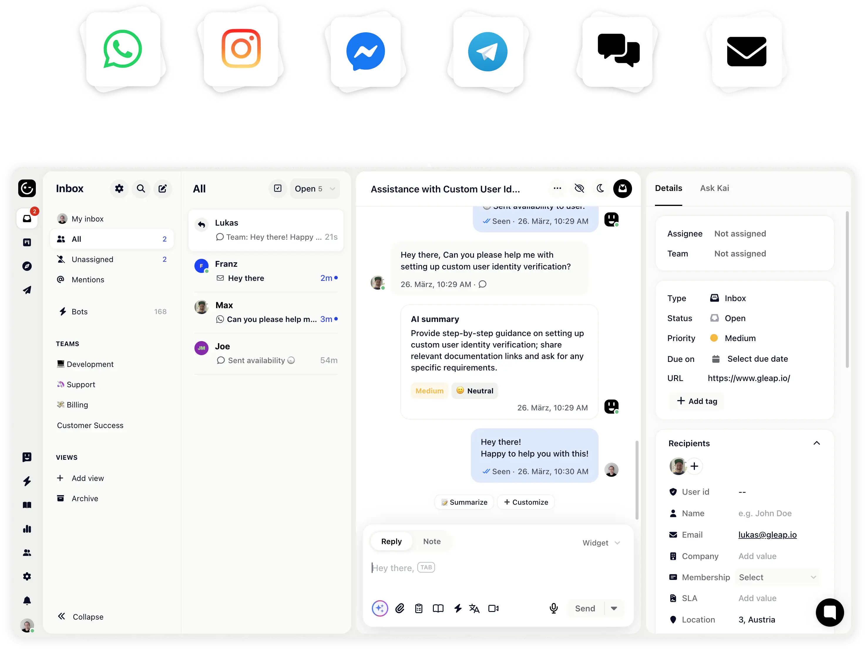 Gleap unified inbox showing multichannel customer conversations.