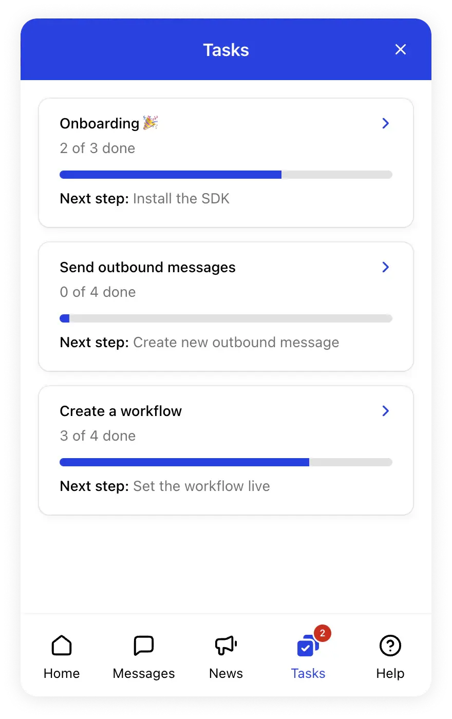 An in-product onboarding checklist in the Gleap widget.