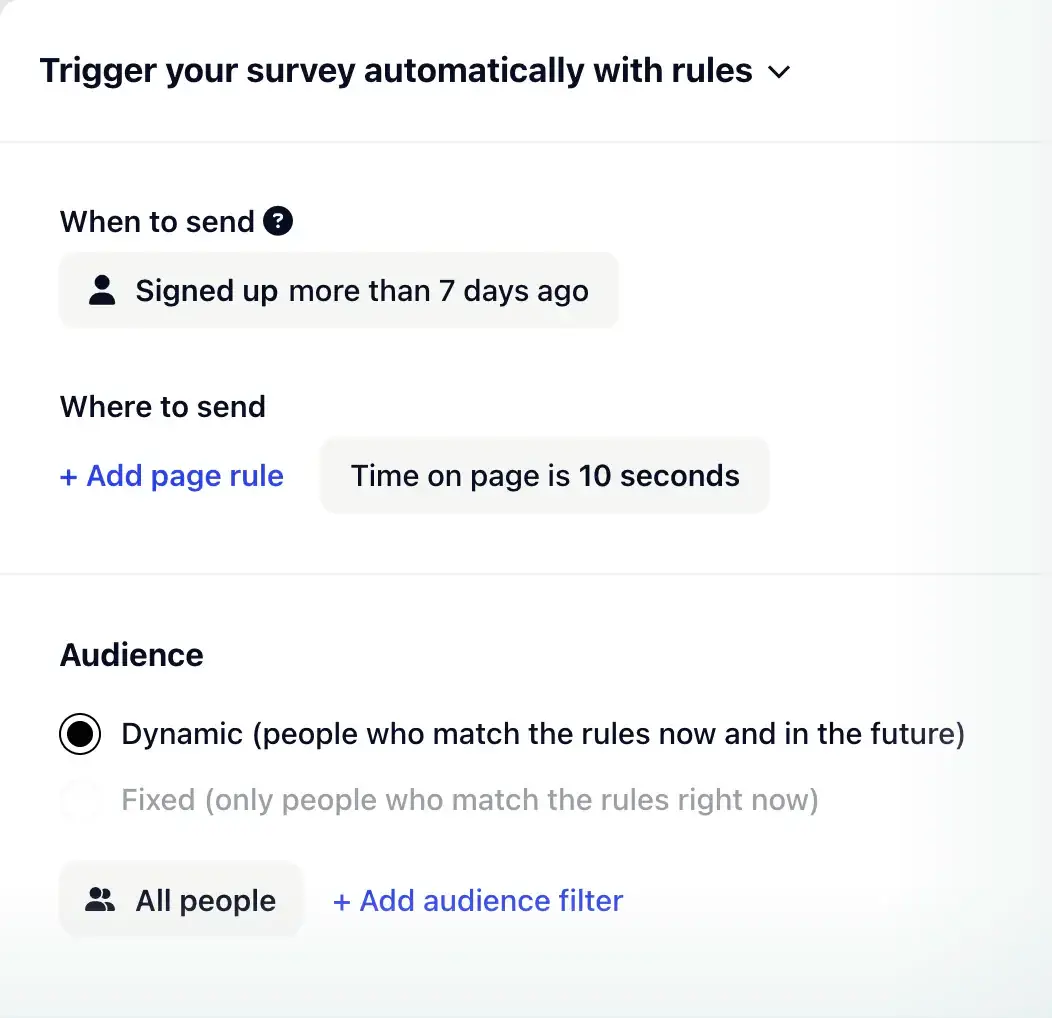 Gleap rules for sending a message after signup timing and page behavior conditions are met.