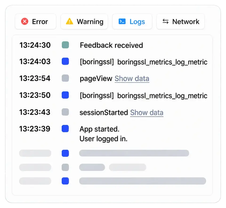 Console and network logs captured with a Gleap bug report.