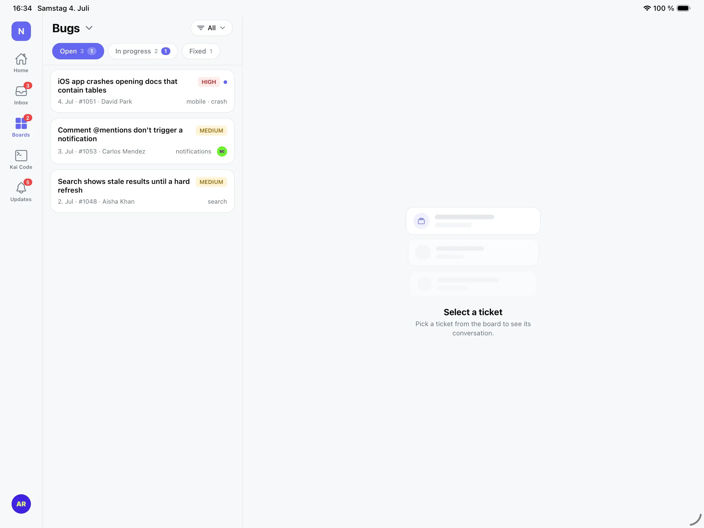 The native Gleap bugs board on iPad with open, in-progress, and fixed ticket views.