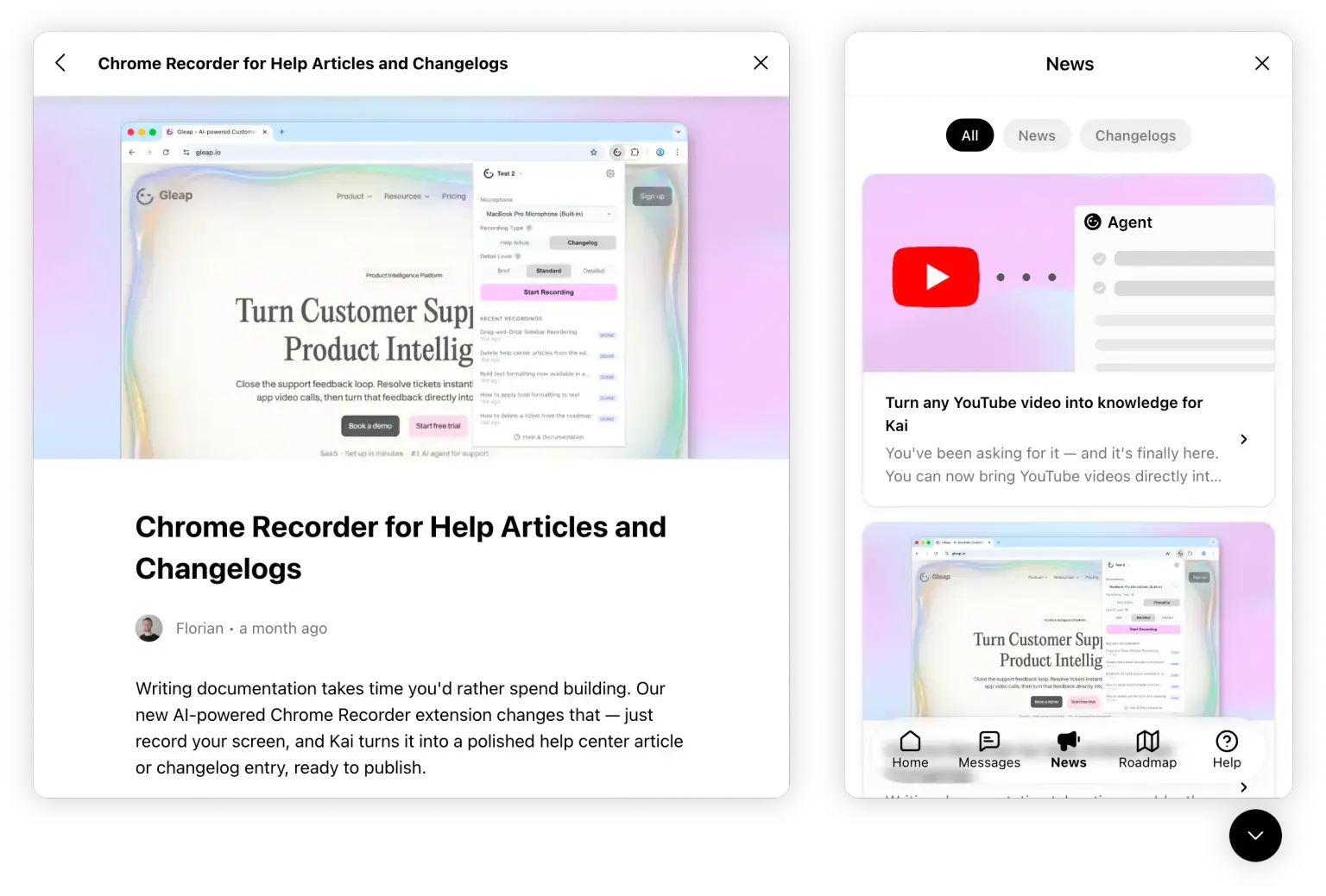 A published Gleap changelog post with release notes.