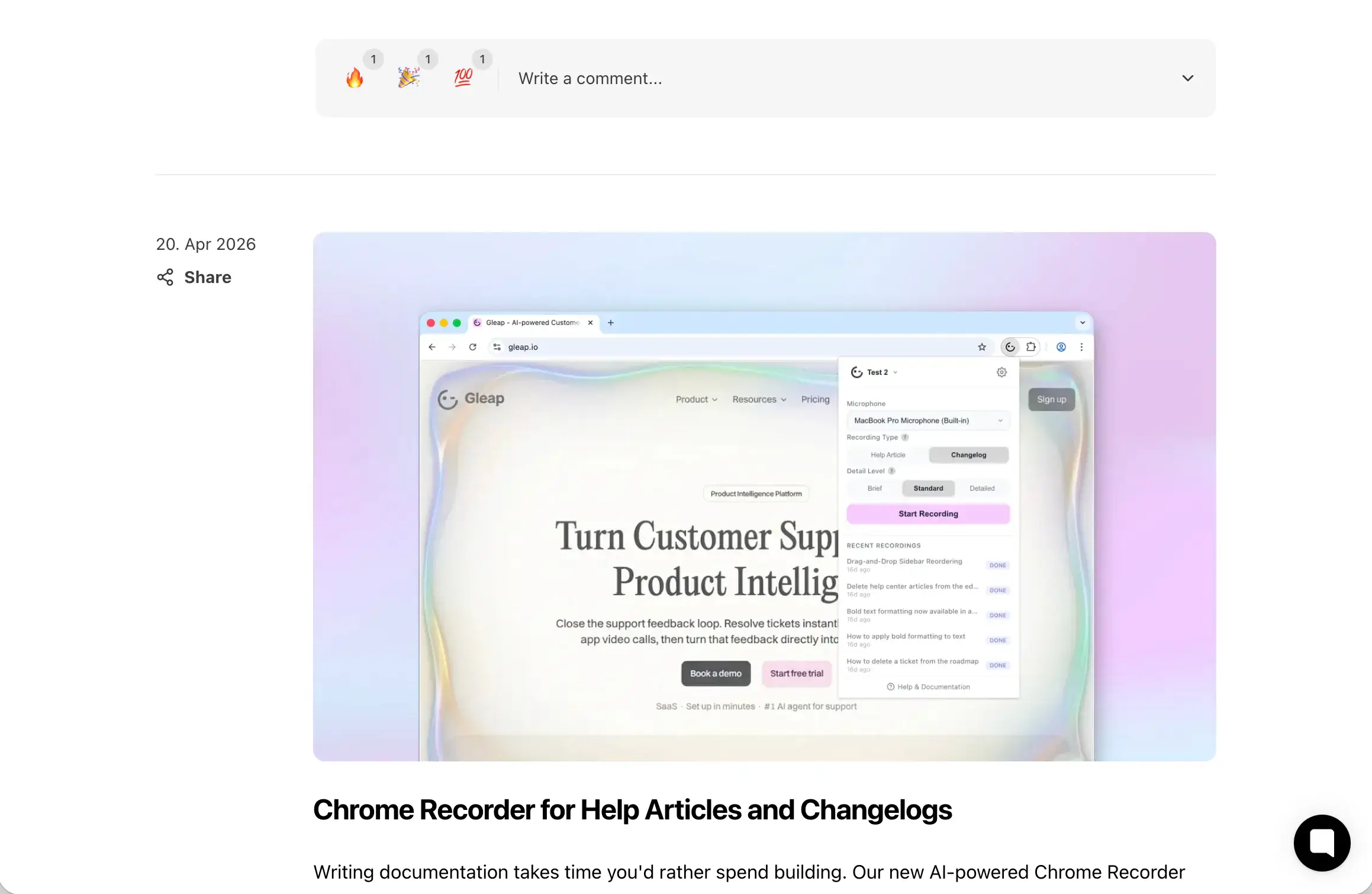 A changelog post closing the product feedback loop.