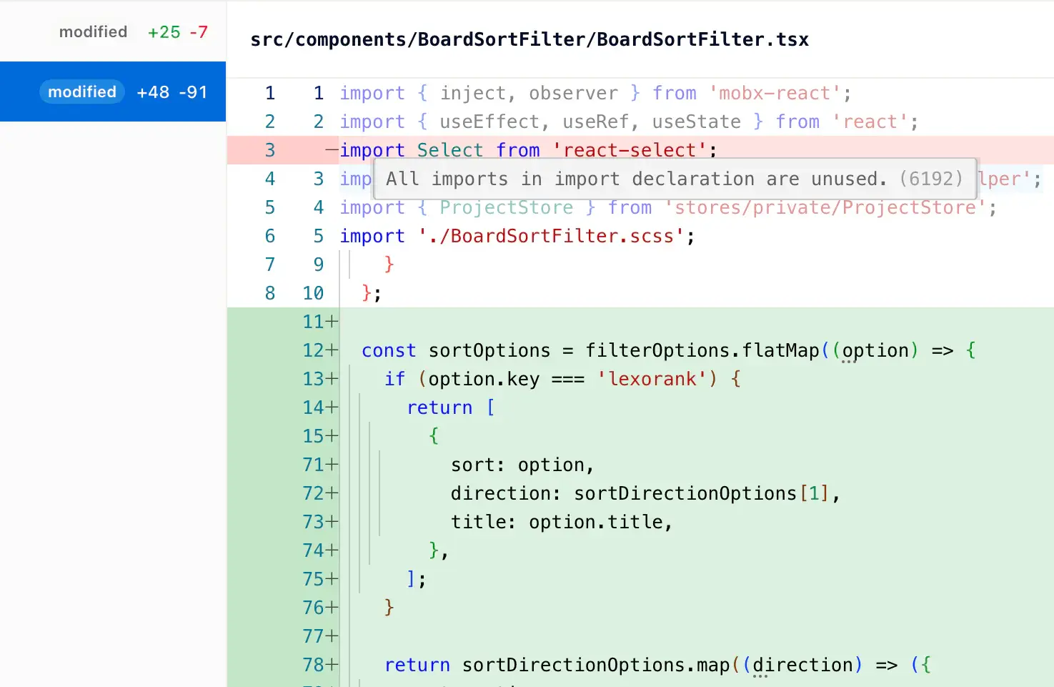 Kai Code changes modal showing the built-in code diff viewer with changed files, additions, and deletions.