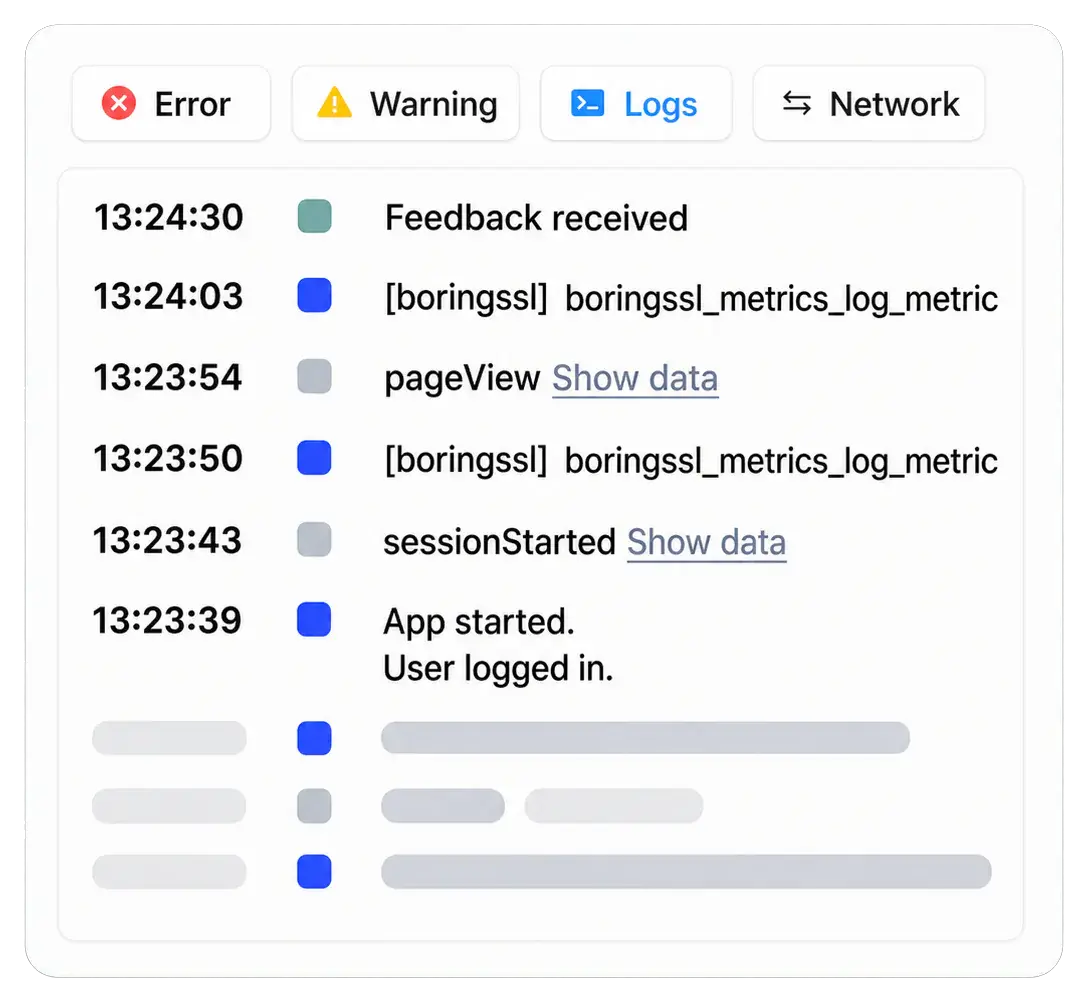 Gleap bug report showing session replay, console logs, network requests, and device fingerprint.