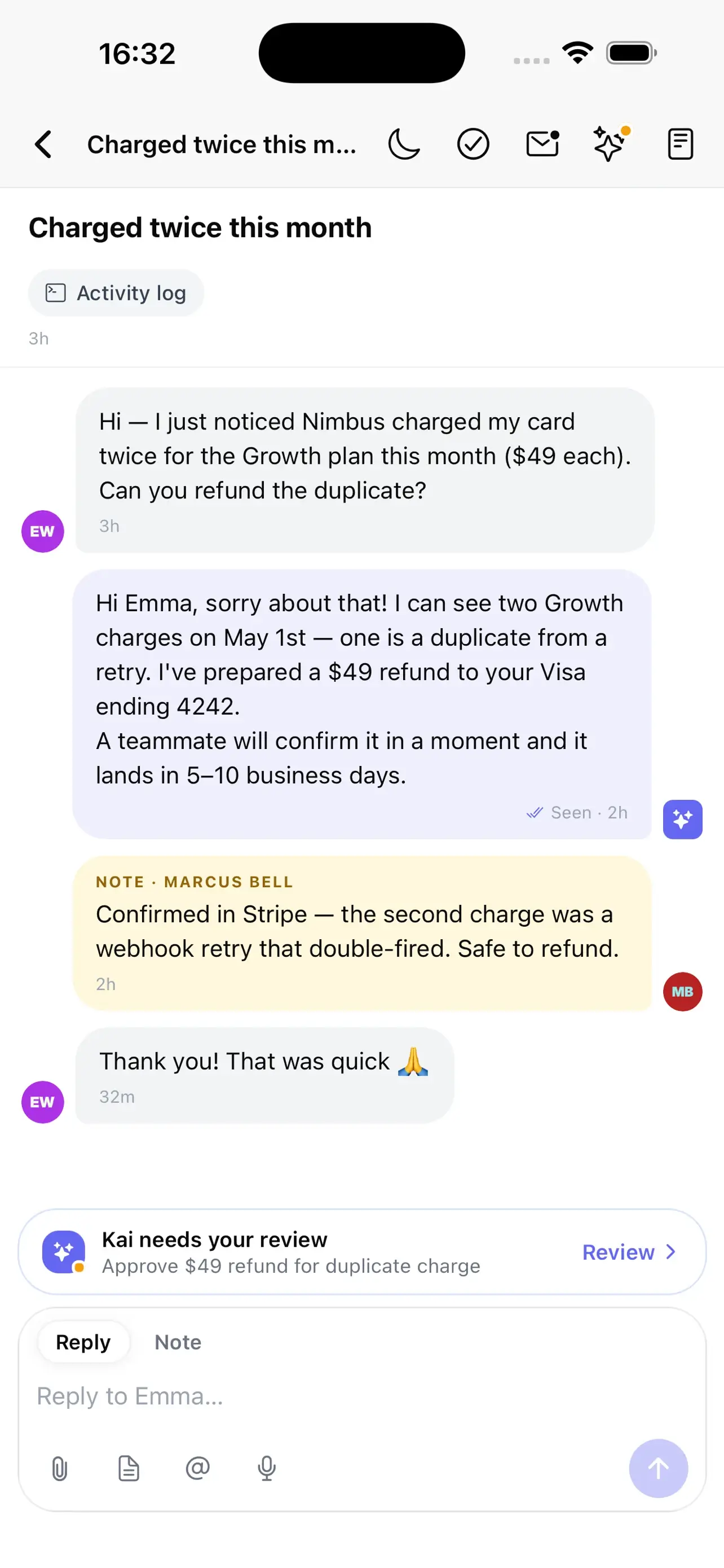 A customer conversation in the native Gleap iPhone app with a Kai review card and reply composer.