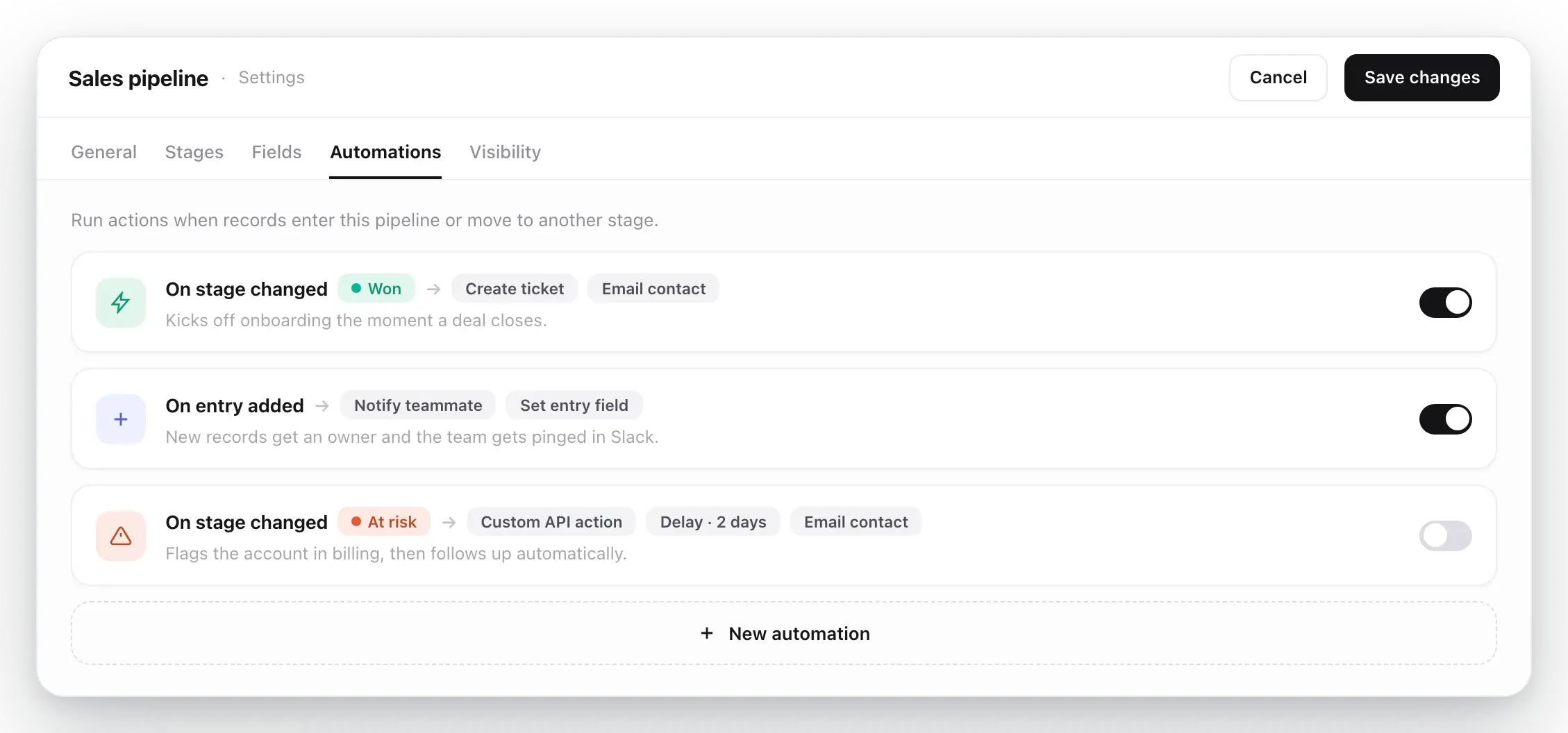 A Gleap pipeline automation that creates a ticket and emails the contact when an entry changes stage.