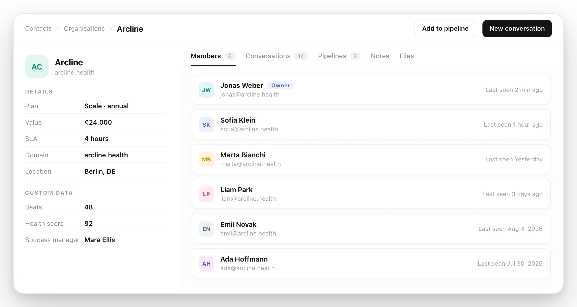 A Gleap company profile with plan, value, and SLA attributes plus members, conversations, notes, and files.