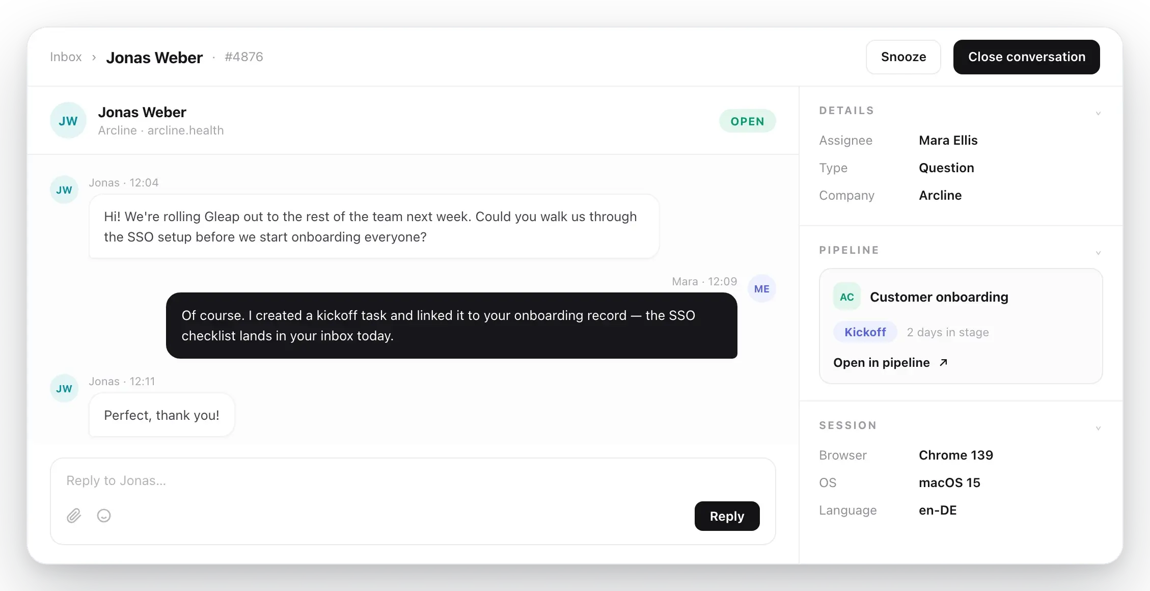 A Gleap support ticket with a pipeline panel linking it to a deal, next to the pipeline entry it belongs to.