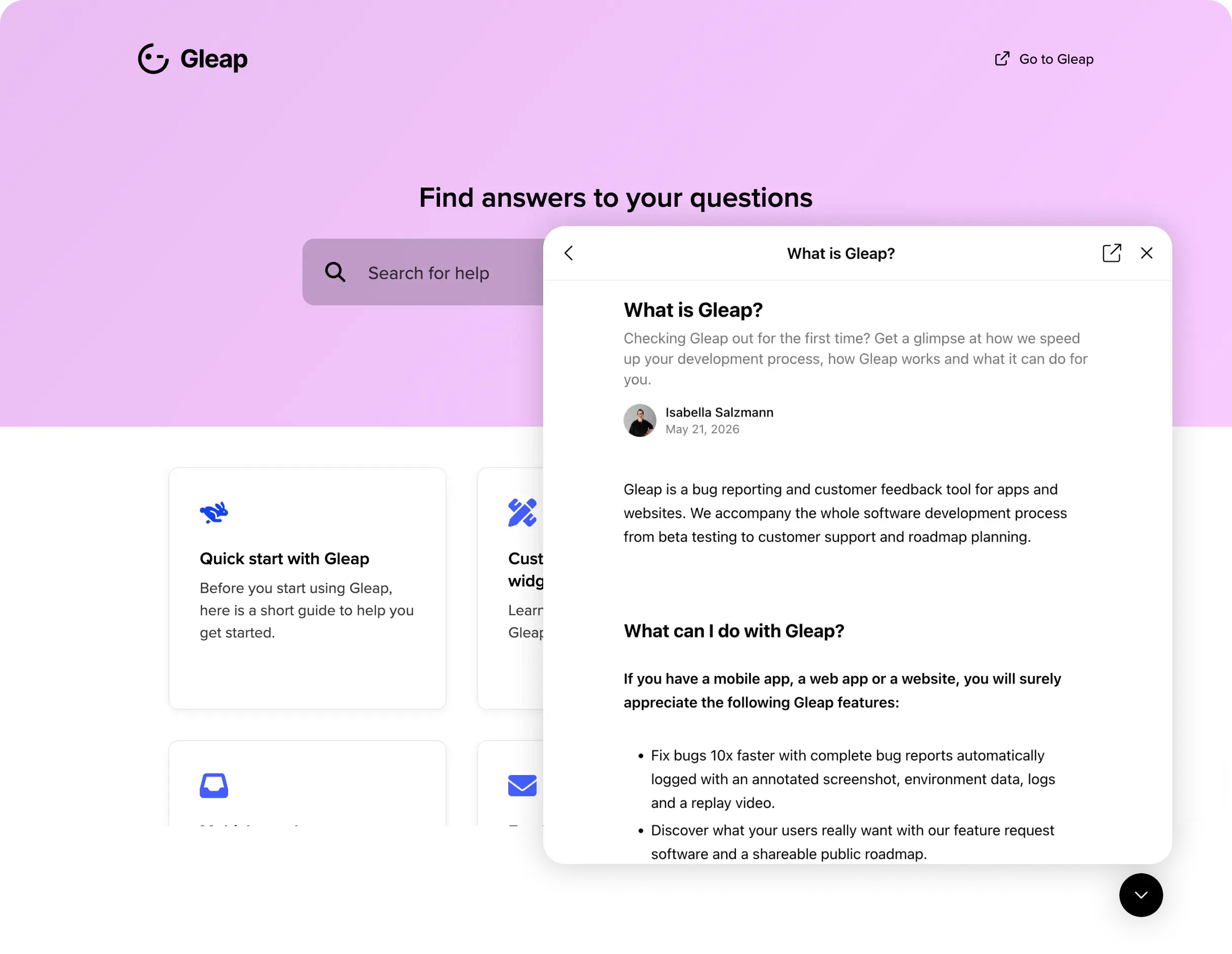 Gleap knowledge base help center with article preview.