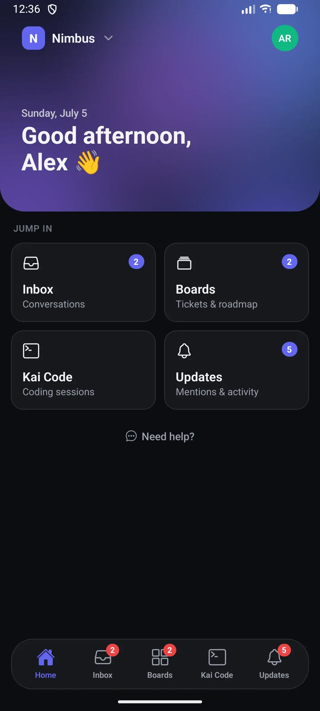 The native Gleap home dashboard in dark mode on an Android phone.