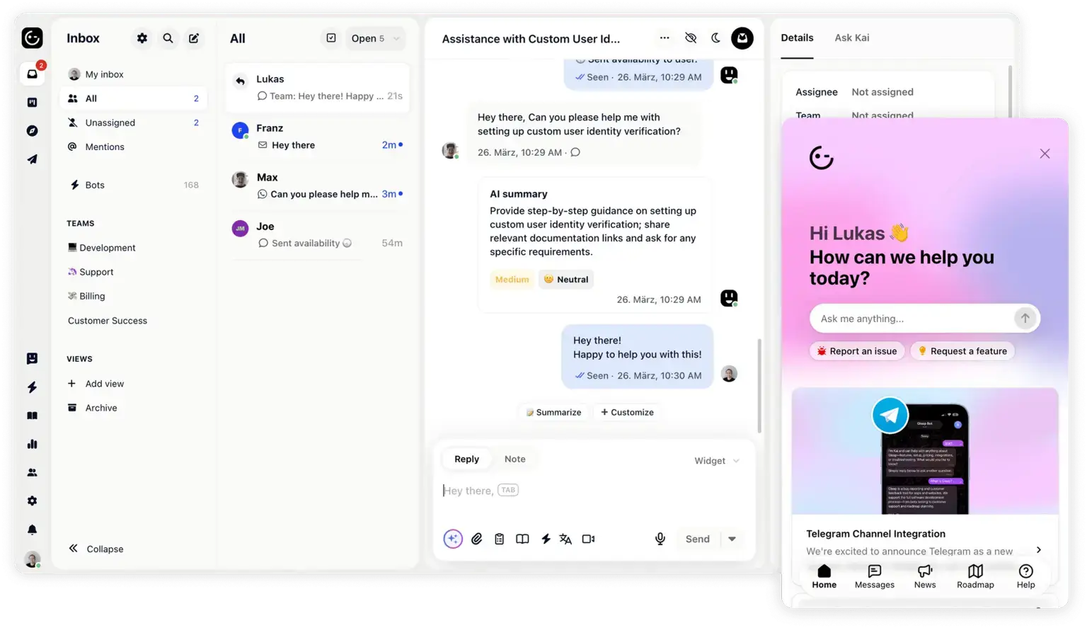 Gleap Kai AI support agent resolving an inbound customer chat with session context.