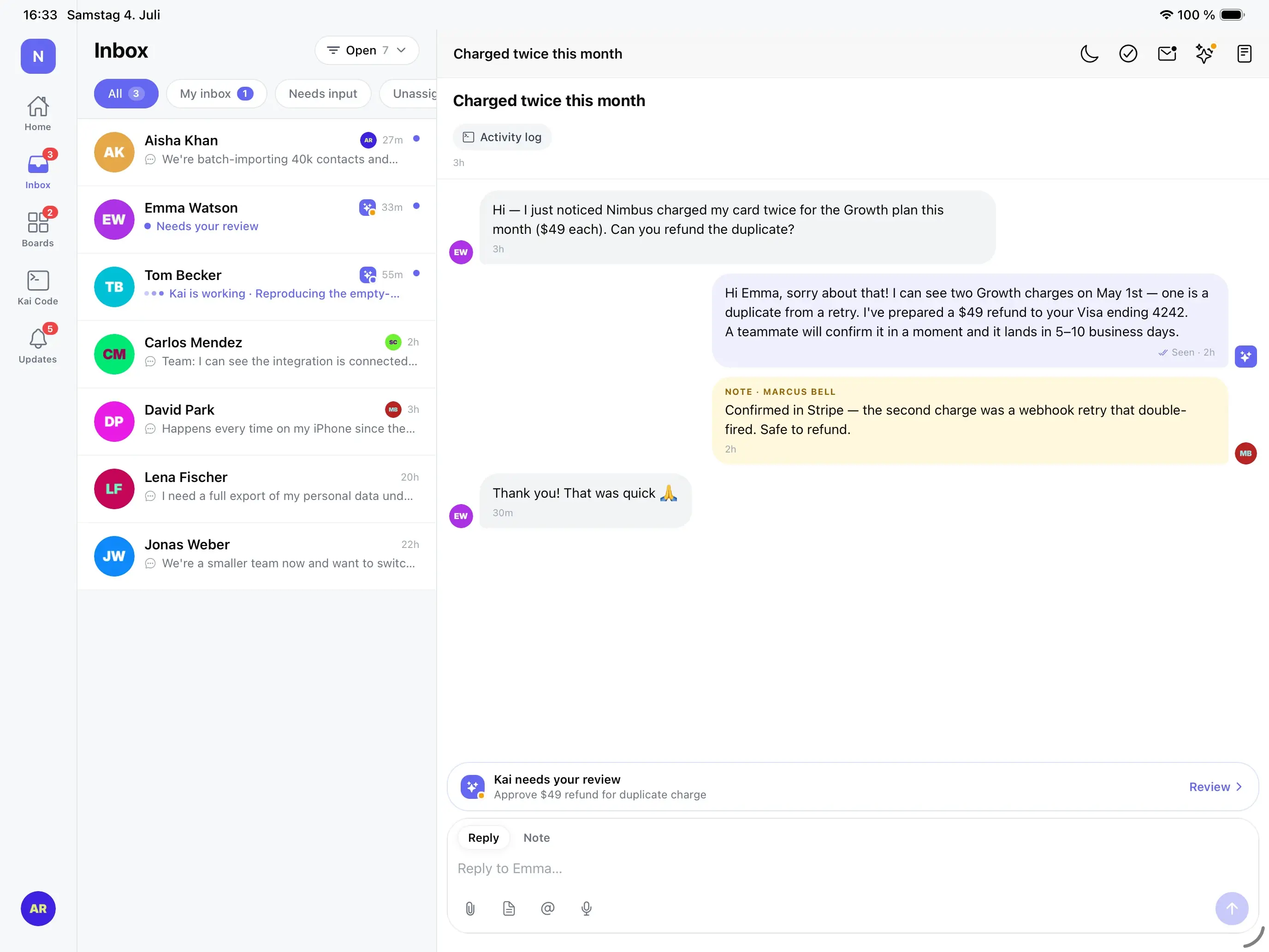 The native Gleap inbox on iPad showing a customer conversation, an internal note, and a Kai review action.