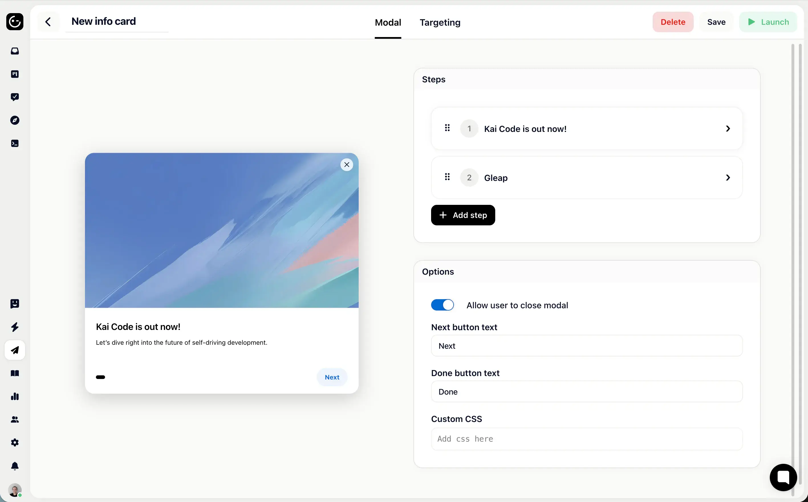 The Gleap info card editor with modal steps, targeting, buttons, and launch controls.