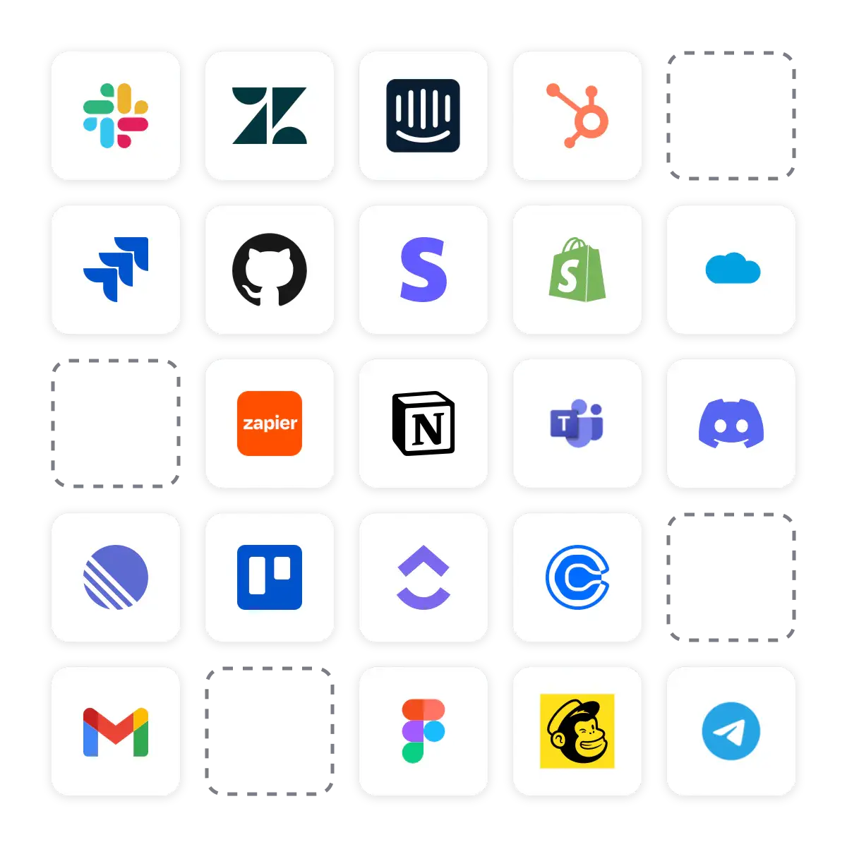 Grid of integration tiles for Slack, Jira, GitHub, Stripe, HubSpot, Salesforce, and more.