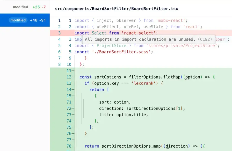 A Kai Code diff view showing source changes for a customer-reported product issue.