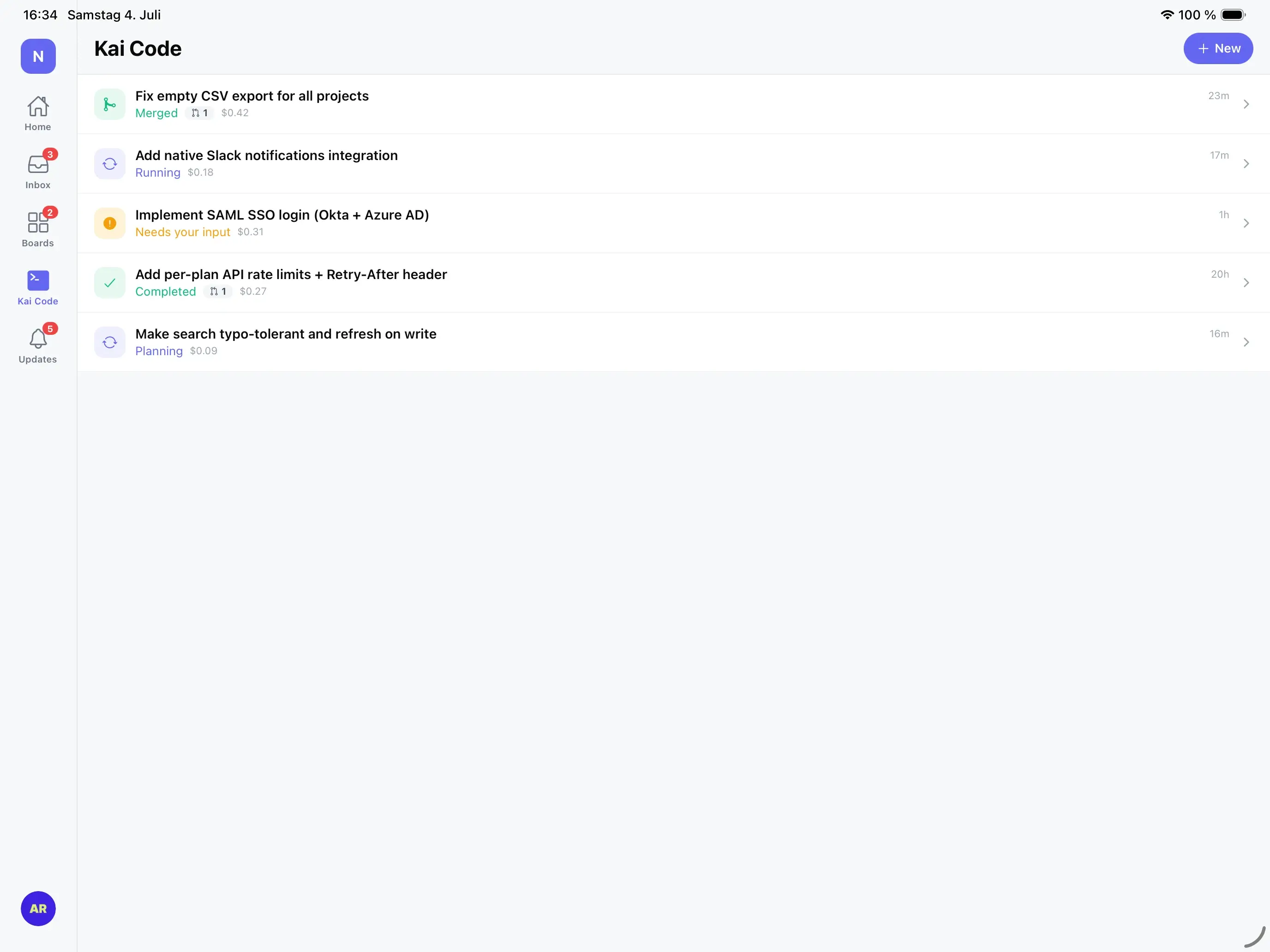 The native Kai Code session list on iPad with planning, running, completed, and input-needed states.