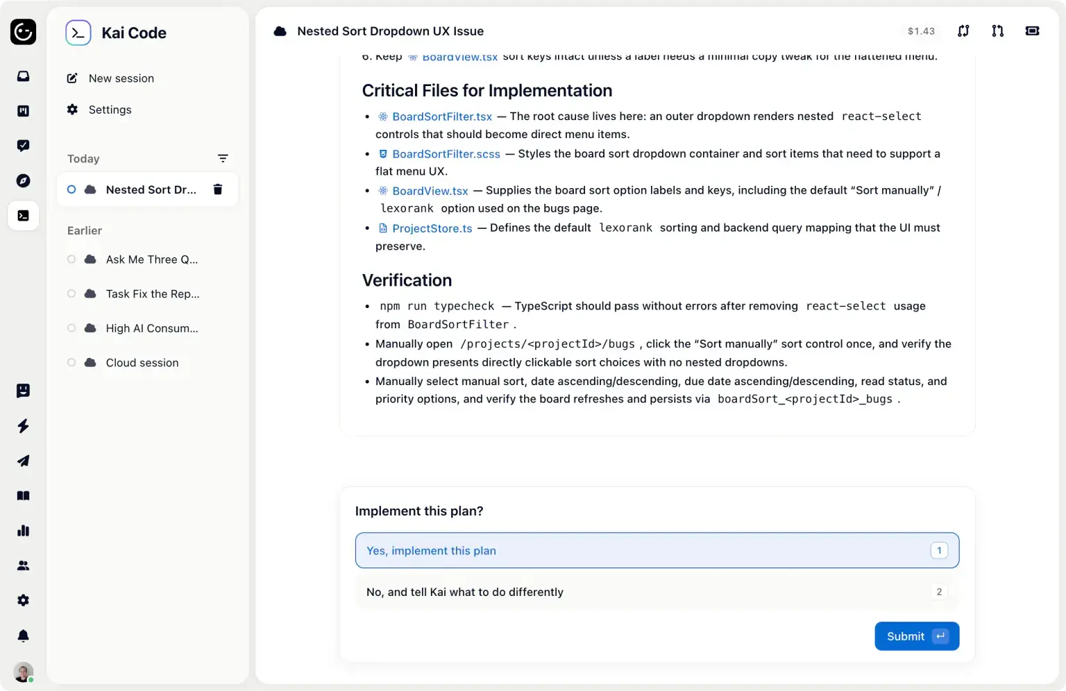 Kai Code planning a fix with implementation details, verification steps, and an approval prompt.
