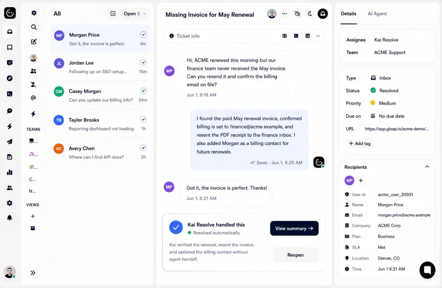 Gleap inbox showing Kai Resolve handling and resolving a customer billing request automatically.