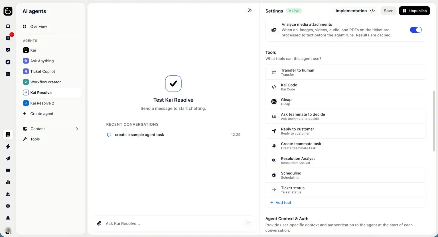 Kai Resolve configuration showing tools for media analysis, Kai Code, customer replies, and resolution analysis.