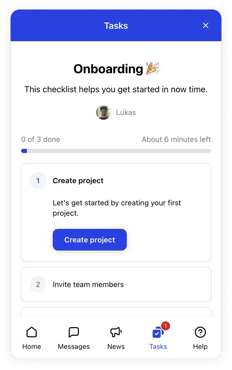 Gleap onboarding checklist tracking activation milestones for a new user.