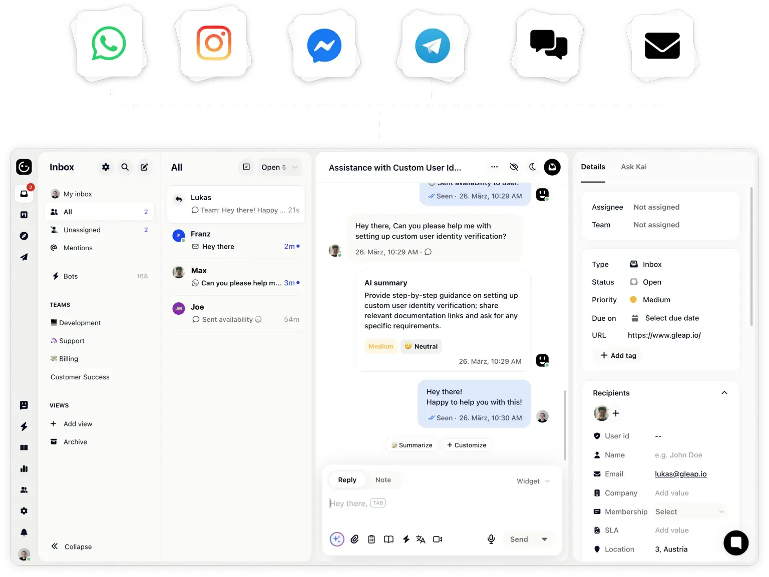 Gleap's shared inbox routing WhatsApp, Instagram, Messenger, email, and the widget into one place.