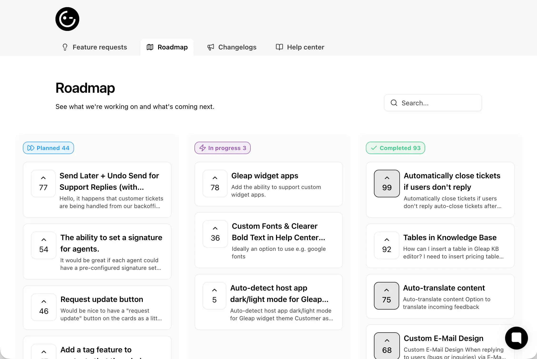 A public roadmap connected to product feedback in Gleap.