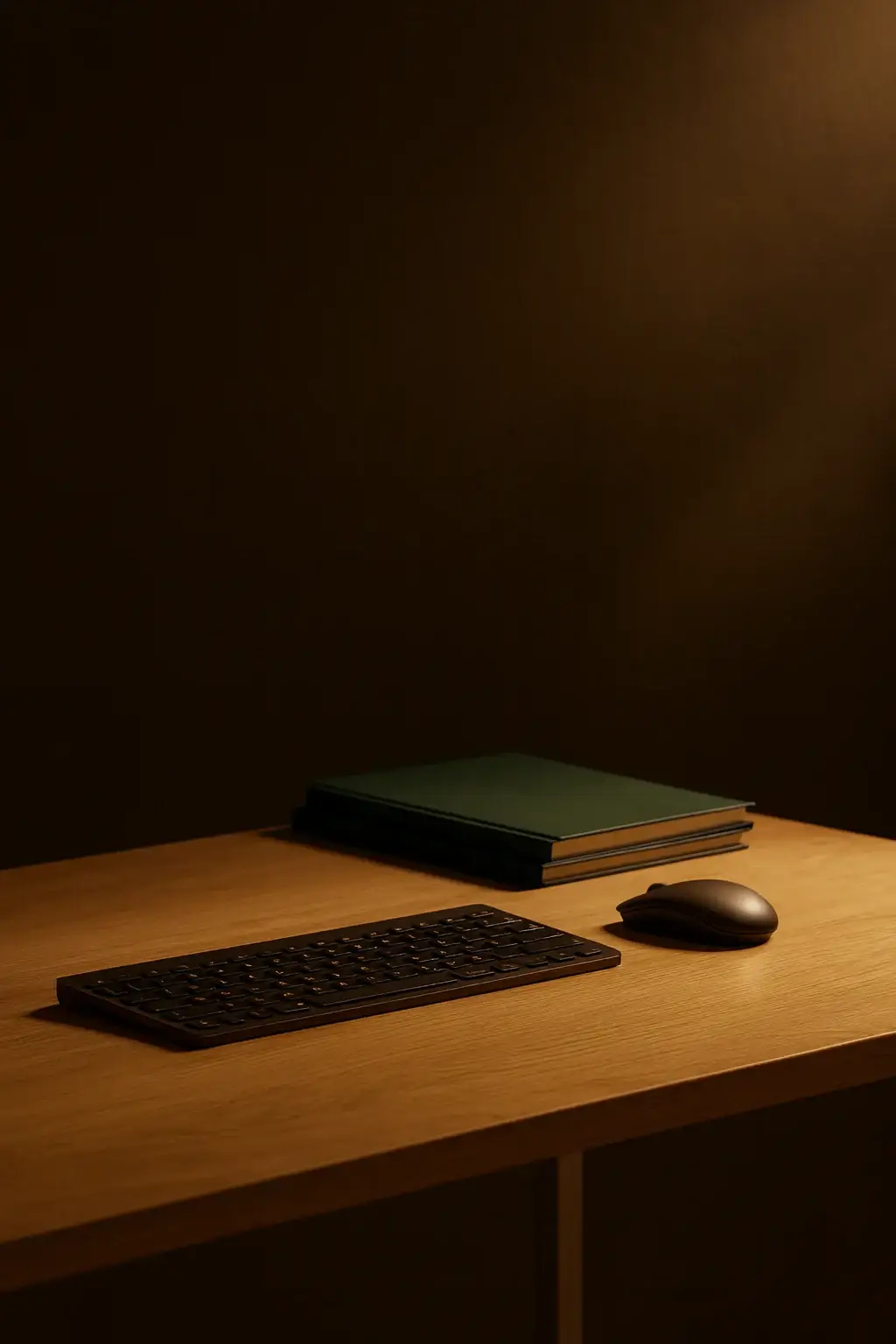 A clean workspace with a keyboard and notebooks under warm lighting.