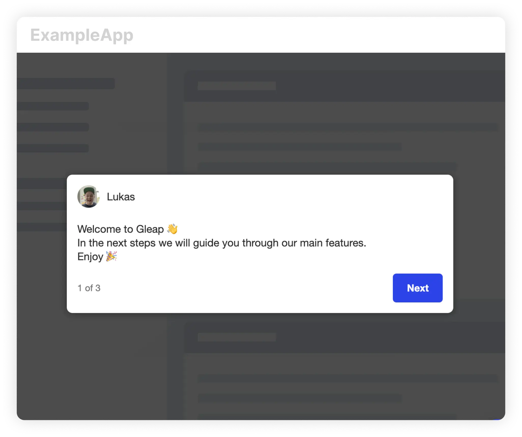 A product tour step modal shown inside an example app.