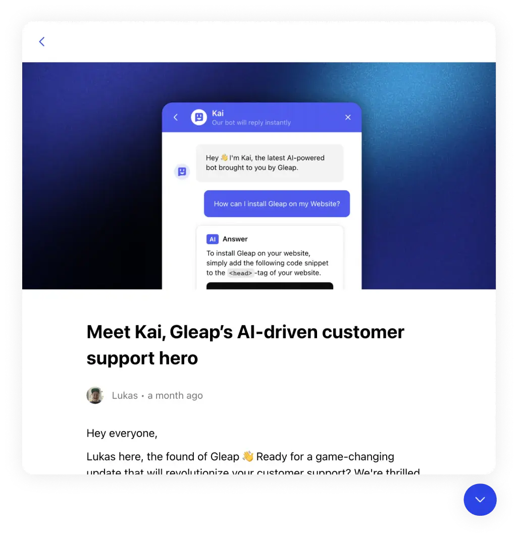 A product news update shown inside the Gleap widget.