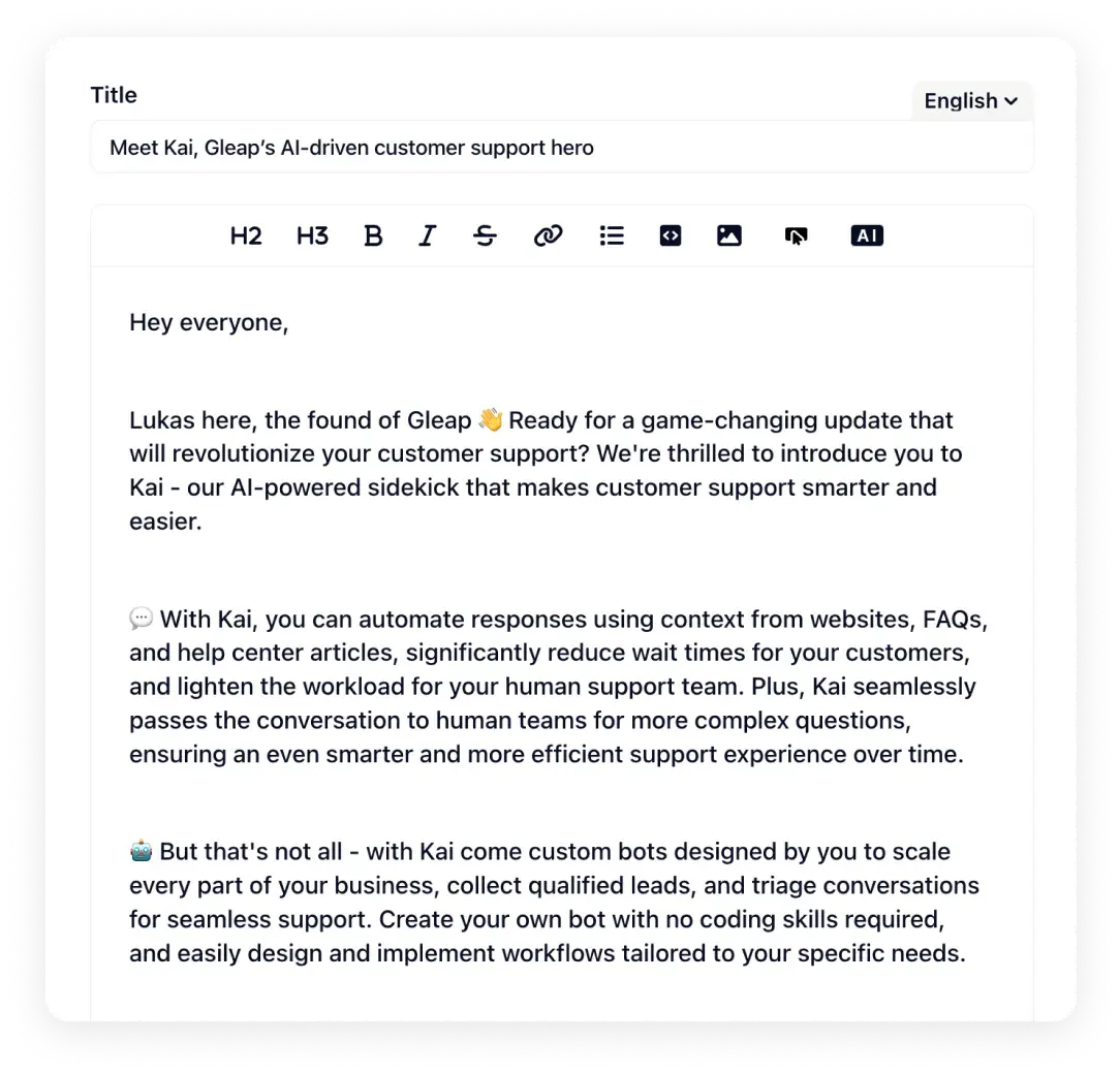A release note editor for drafting product updates with AI help.