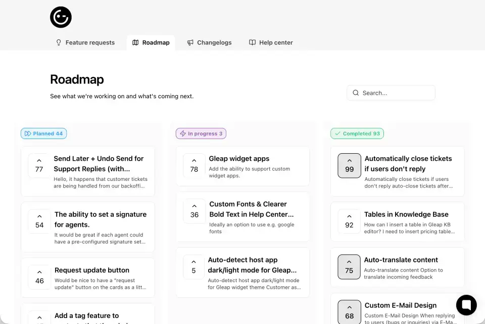 Gleap roadmap board with planned, in-progress, and completed customer feature requests.