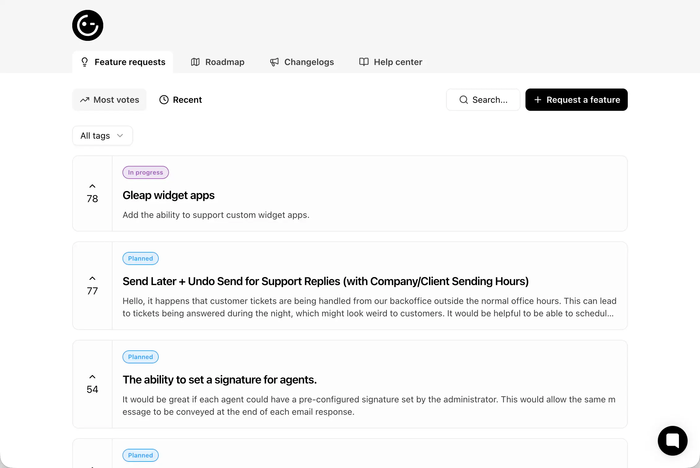 Gleap roadmap board connected to customer feedback.