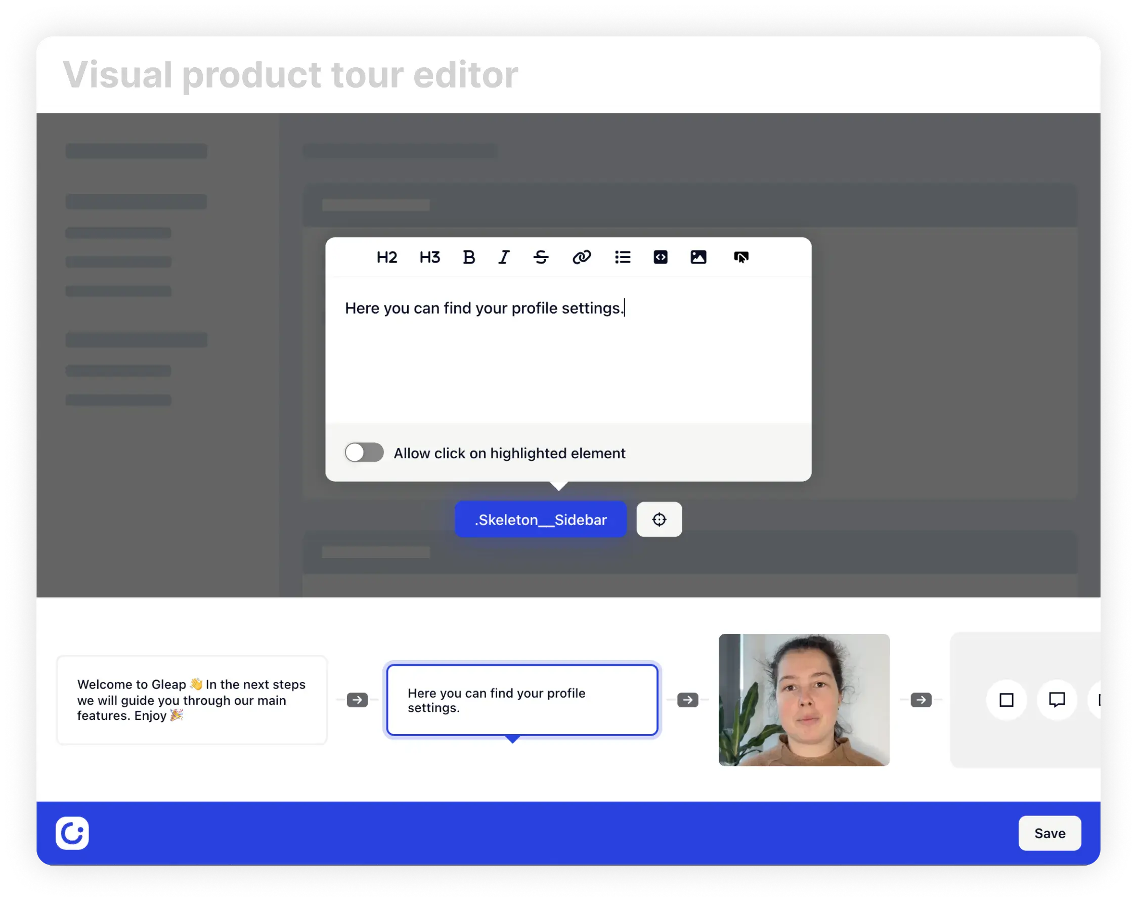A visual product tour editor for adding tooltip steps.