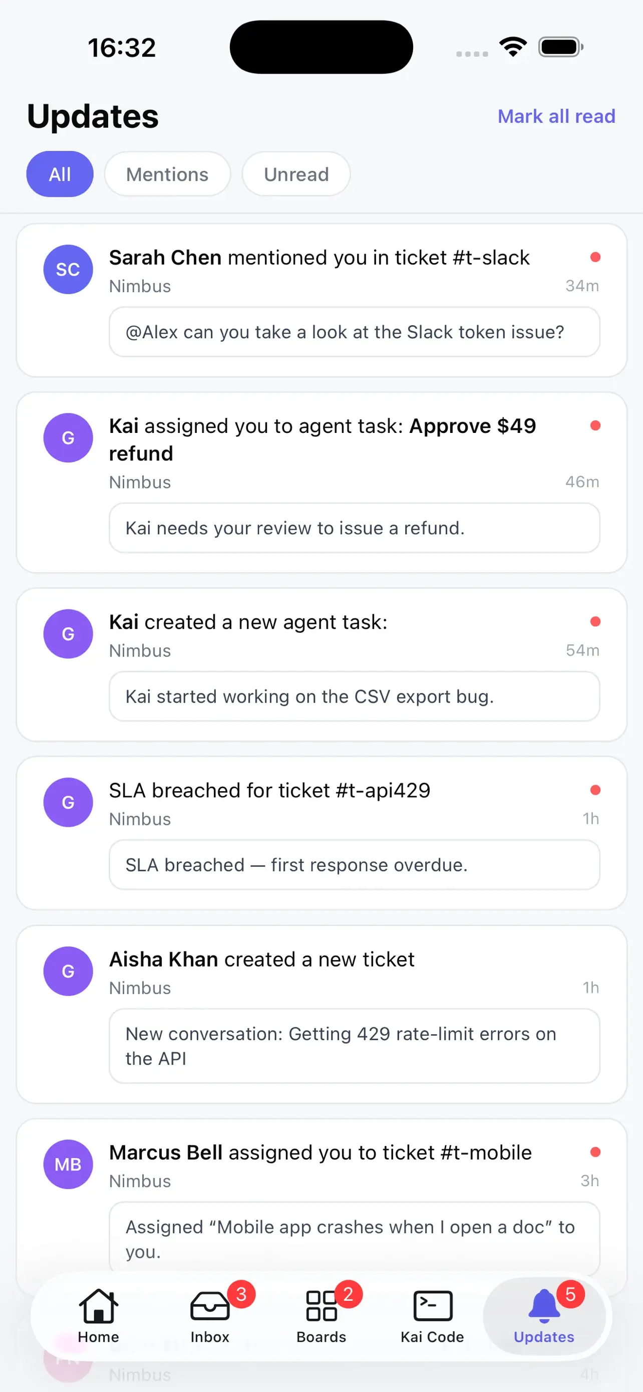 The native Gleap updates feed on iPhone with mentions, replies, AI tasks, and ticket activity.