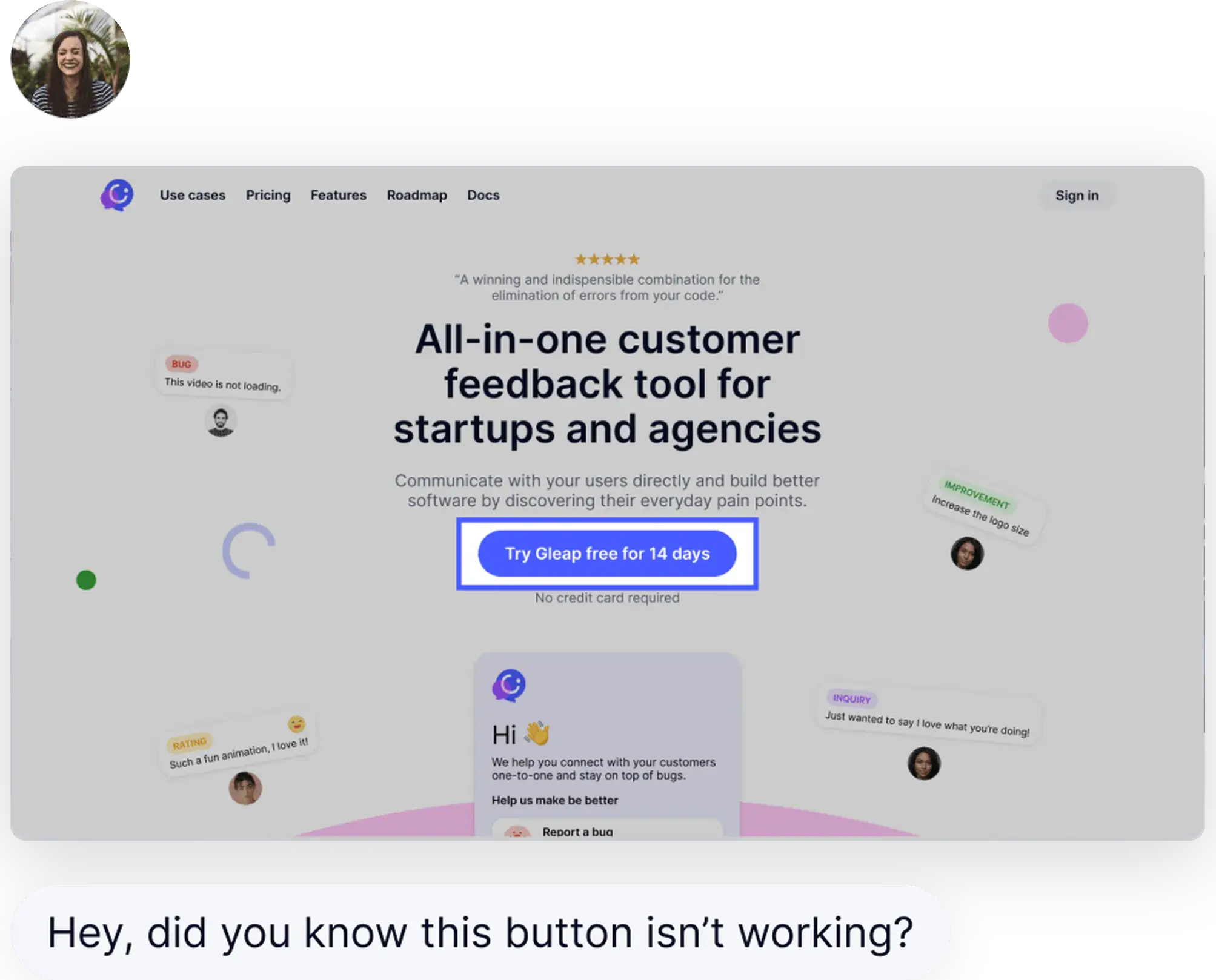 Animated Gleap in-app bug reporting flow from issue capture to submitted report.